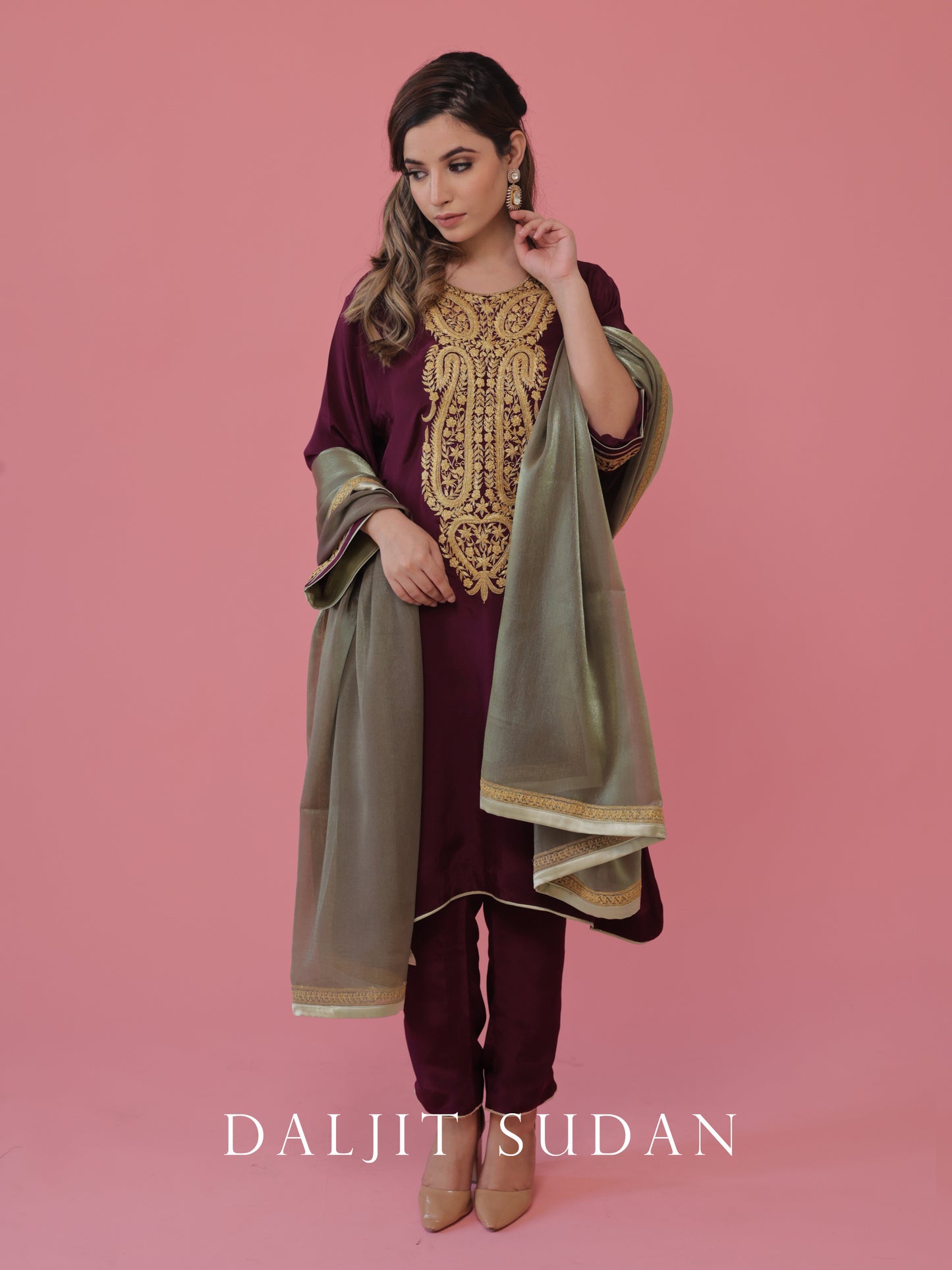 Wine crepe phiran suit with tilla embroidery