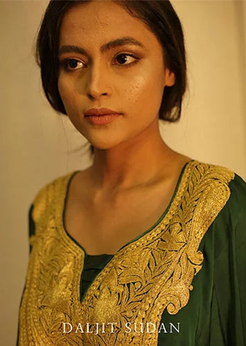 Green Crepe Kashmiri Gala Tilla Phiran Suit