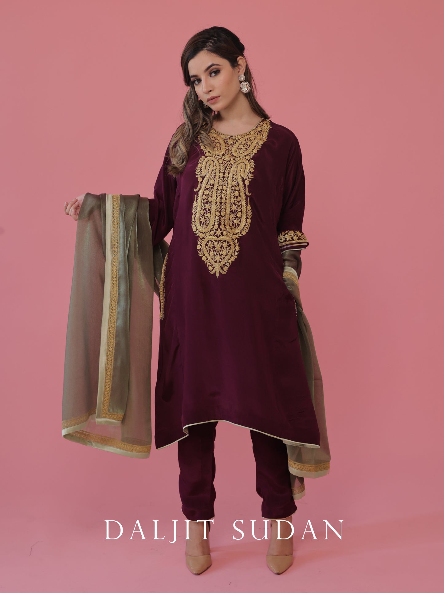 Wine crepe phiran suit with tilla embroidery