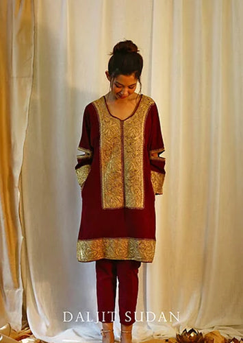 Maroon Crepe Long Neck Tilla Phiran Suit