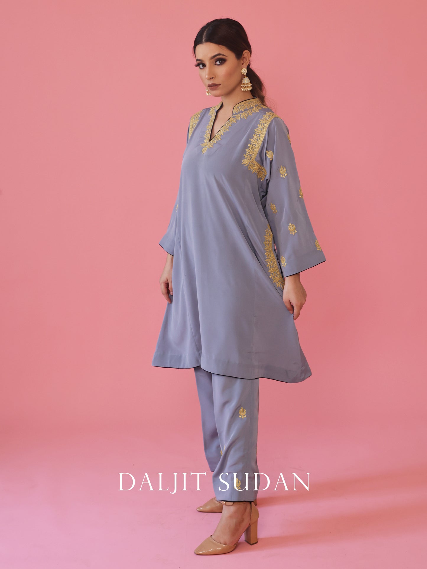 Blue Grey Shoulder Phiran Set