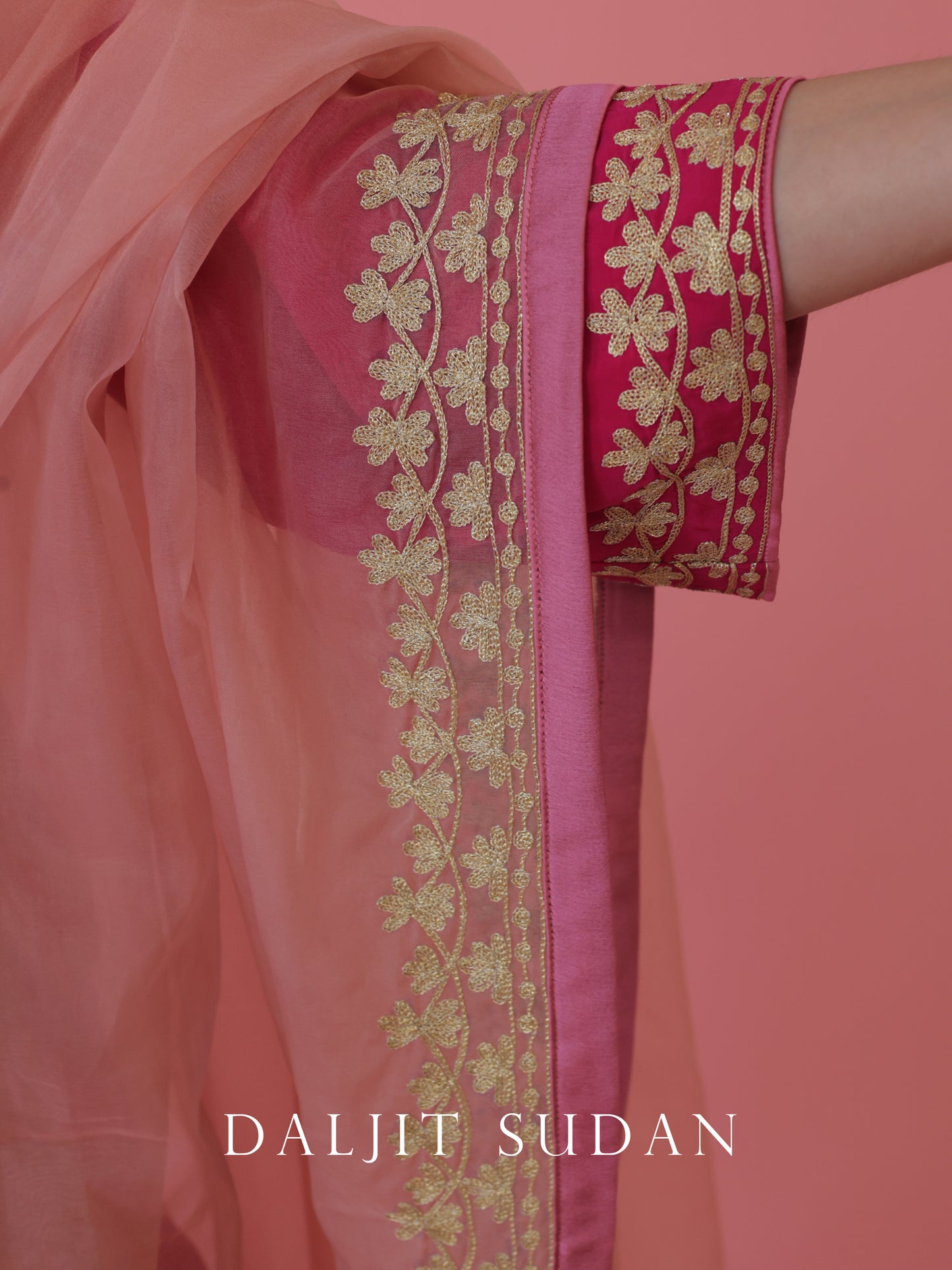 Magenta Pink crepe phiran suit with tilla aari embroidery