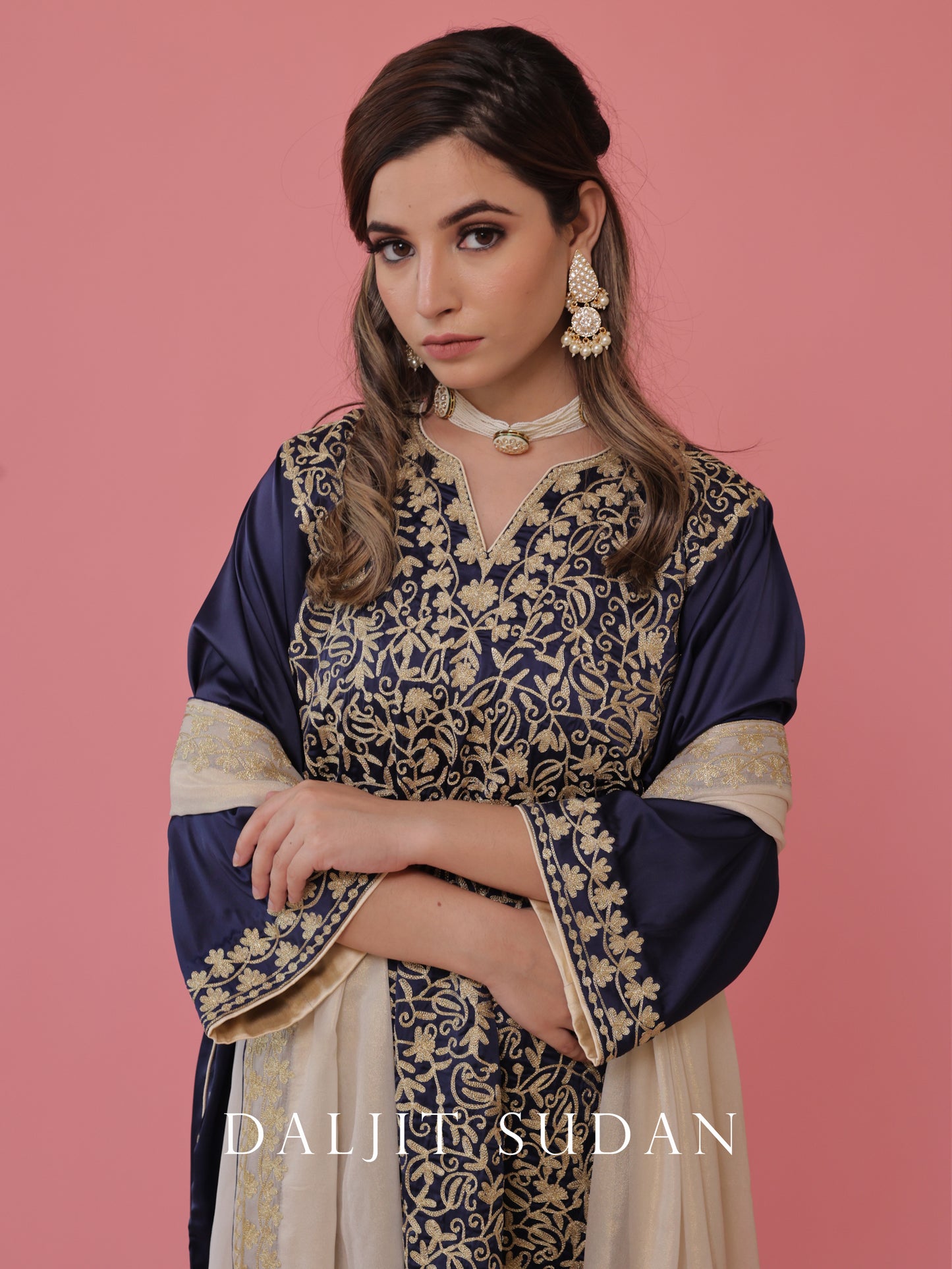 Navy Blue Satin phiran suit with tilla aari embroidery