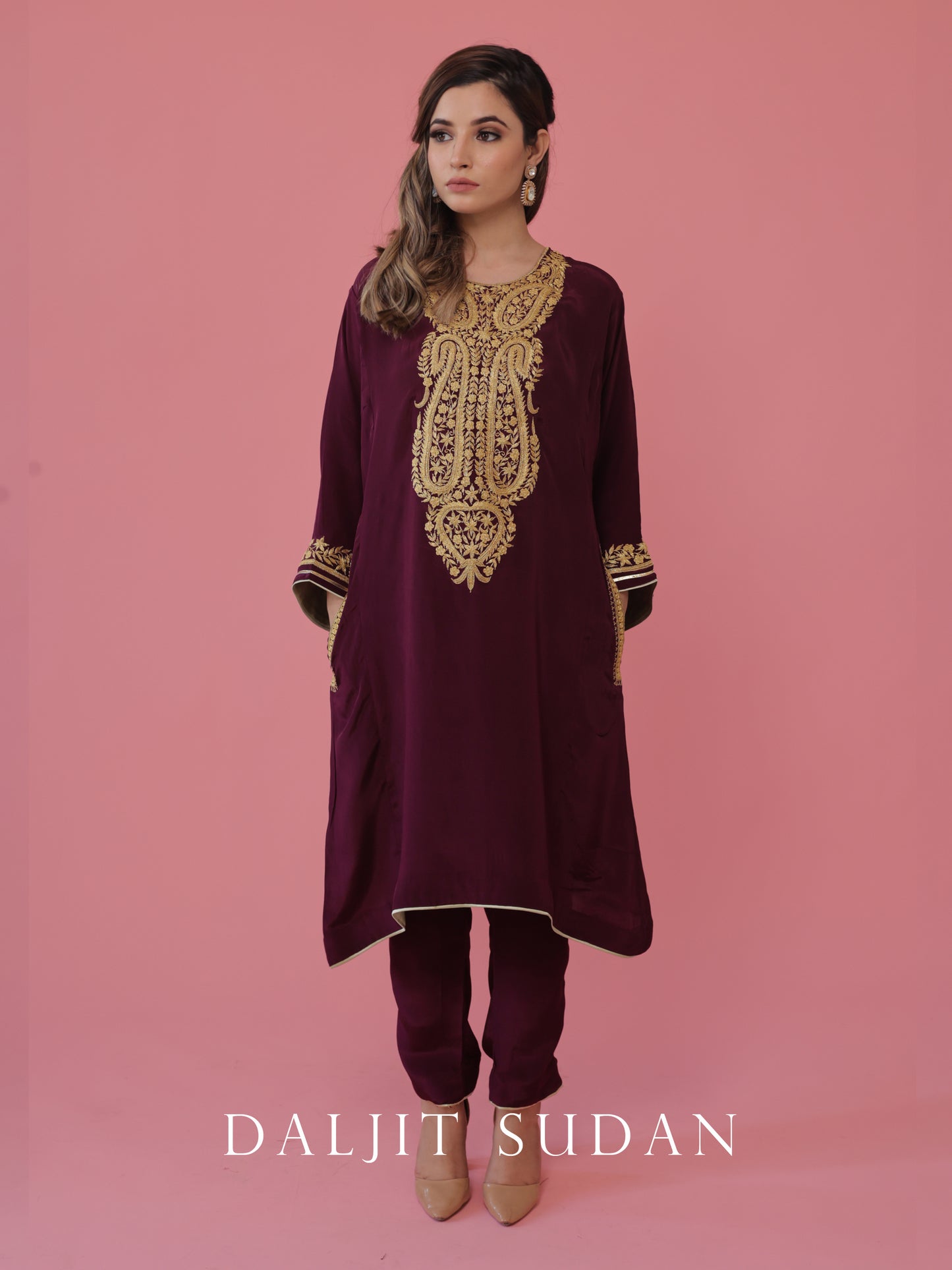 Wine crepe phiran suit with tilla embroidery