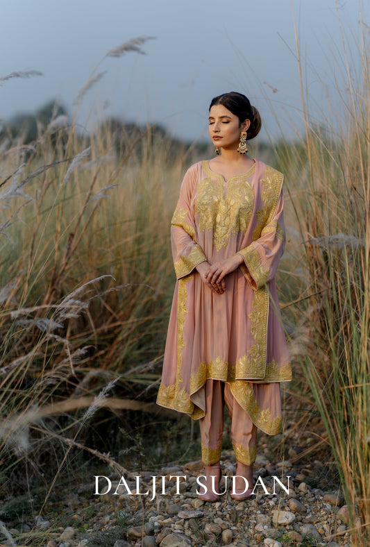 Pastel Pink Crepe Tilla Phiran Suit