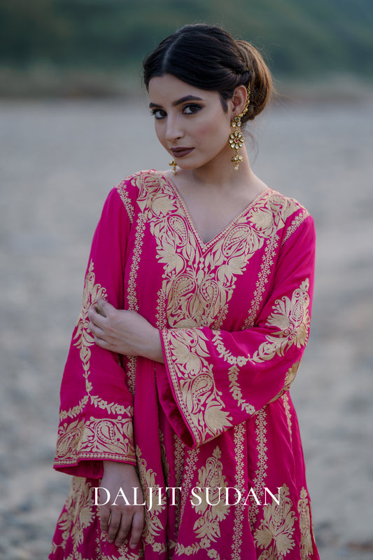 Magenta Crepe Aari Tilla Anarkali Suit