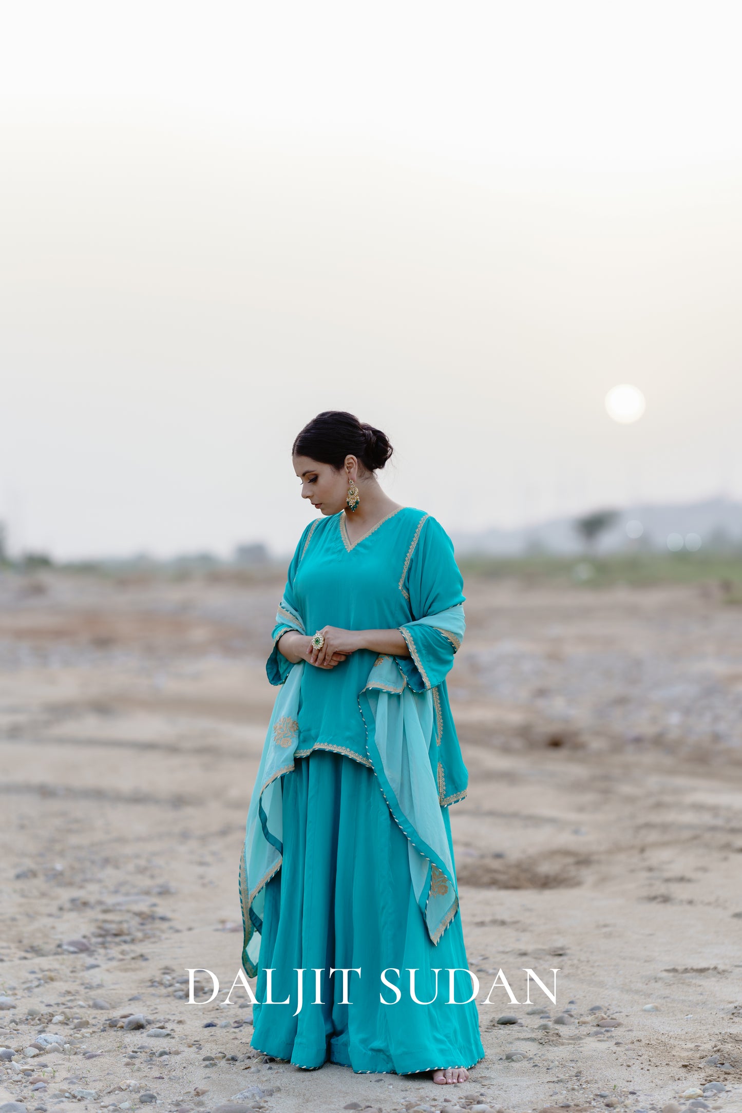 Teal Blue Crepe Embroidered Flowy Lehenga