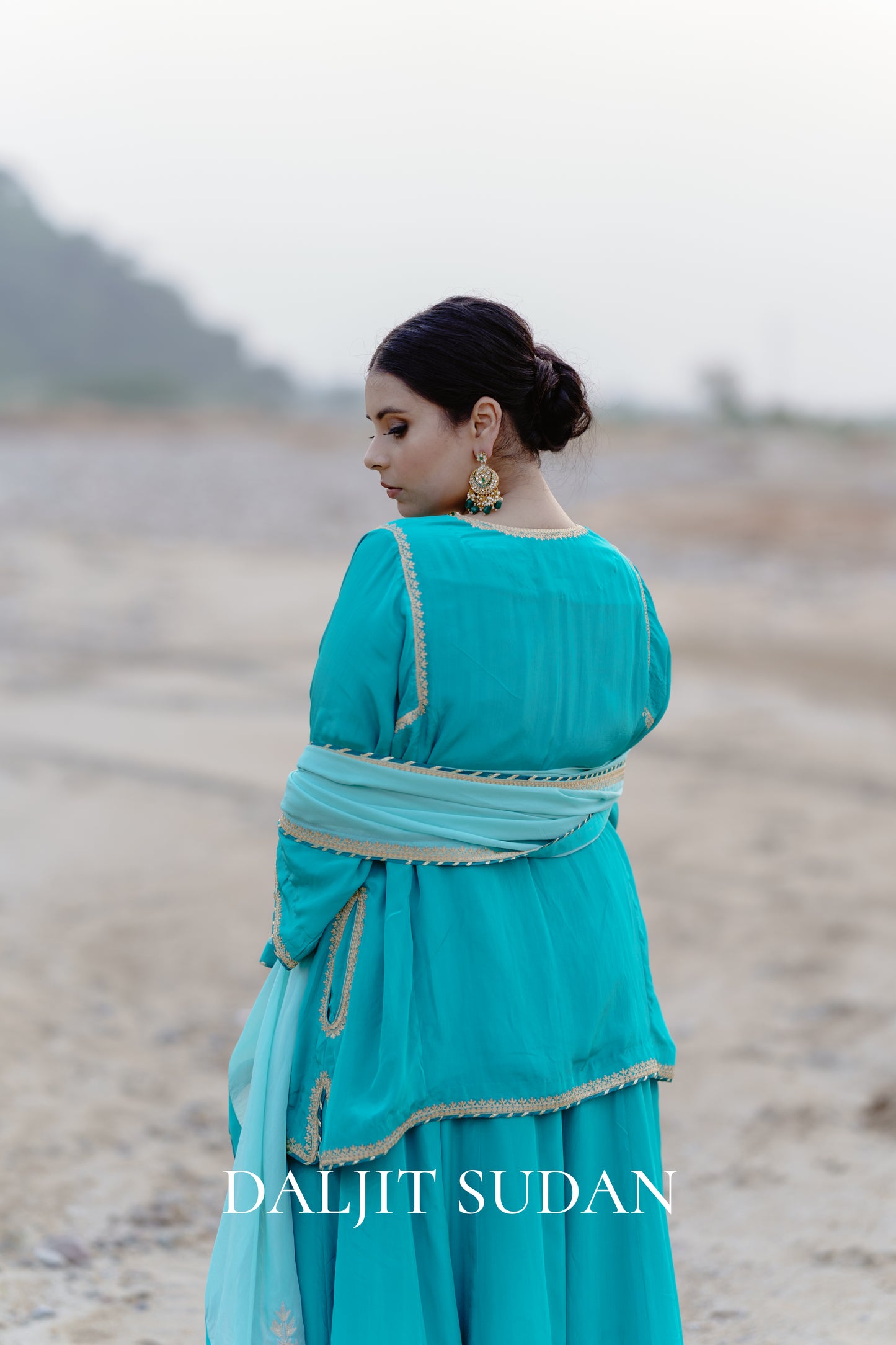 Teal Blue Crepe Embroidered Flowy Lehenga