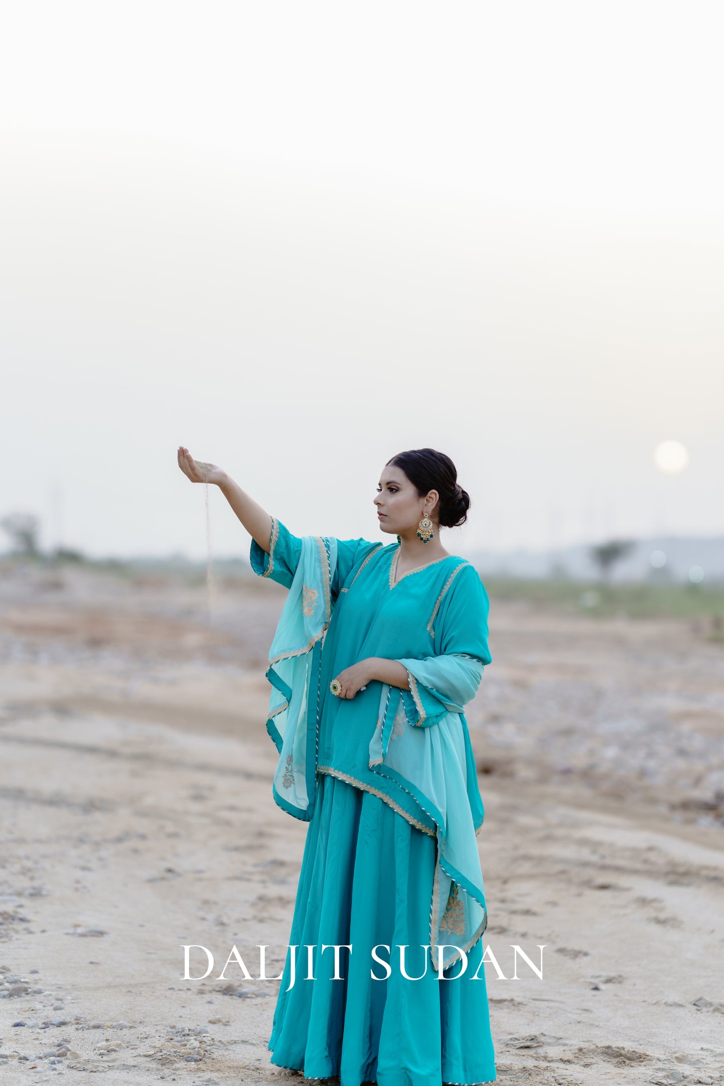 Teal Blue Crepe Embroidered Flowy Lehenga