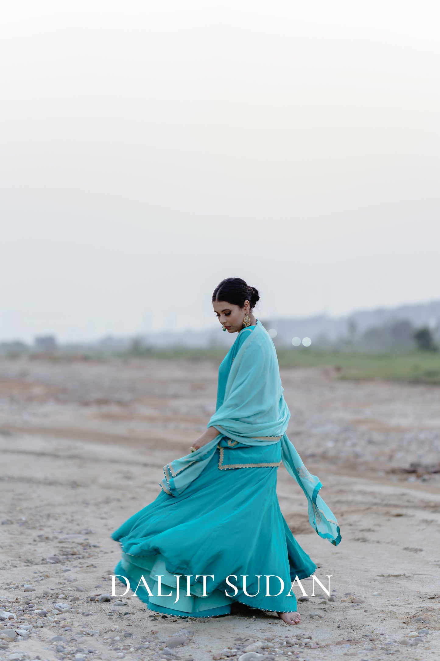 Teal Blue Crepe Embroidered Flowy Lehenga