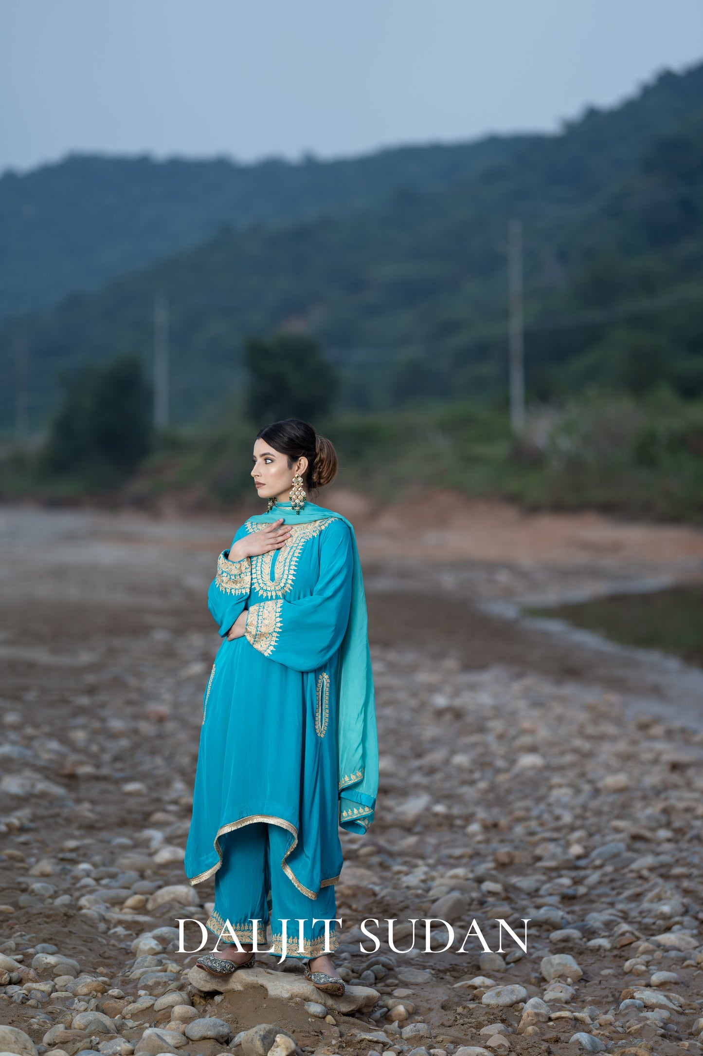 Teal Blue Crepe Aari Tilla Suit With Round Sleeves