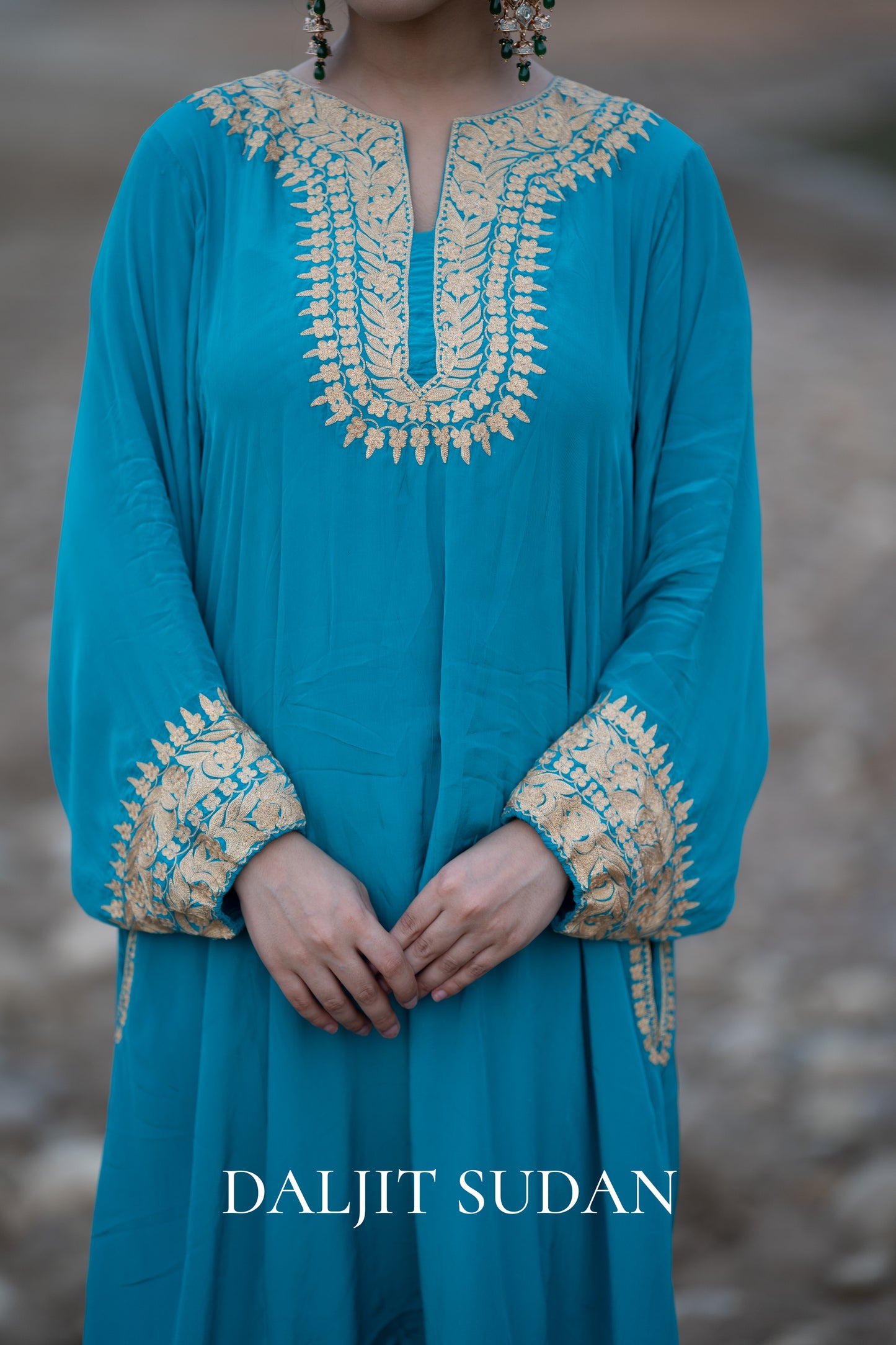 Teal Blue Crepe Aari Tilla Suit With Round Sleeves