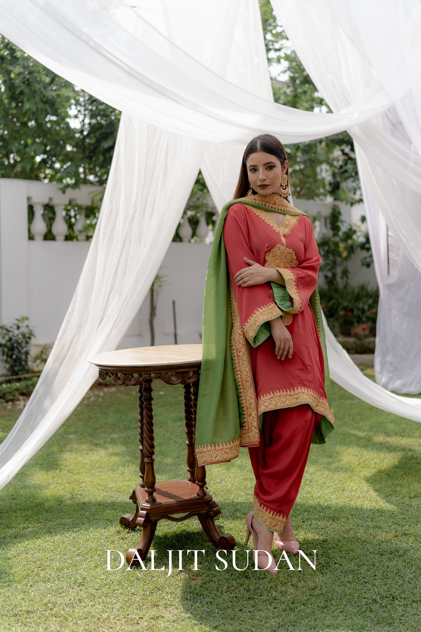 Coral Crepe Tilla Phiran Suit