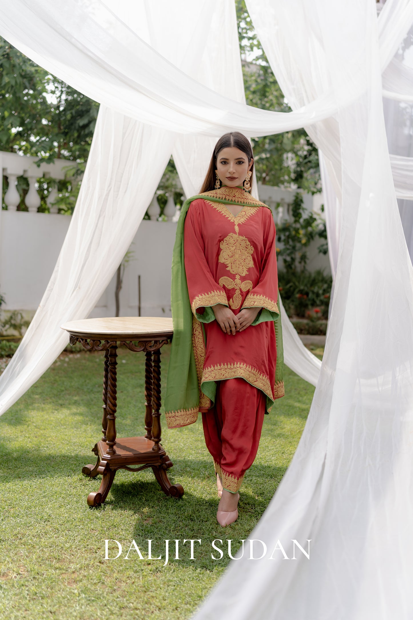 Coral Crepe Tilla Phiran Suit