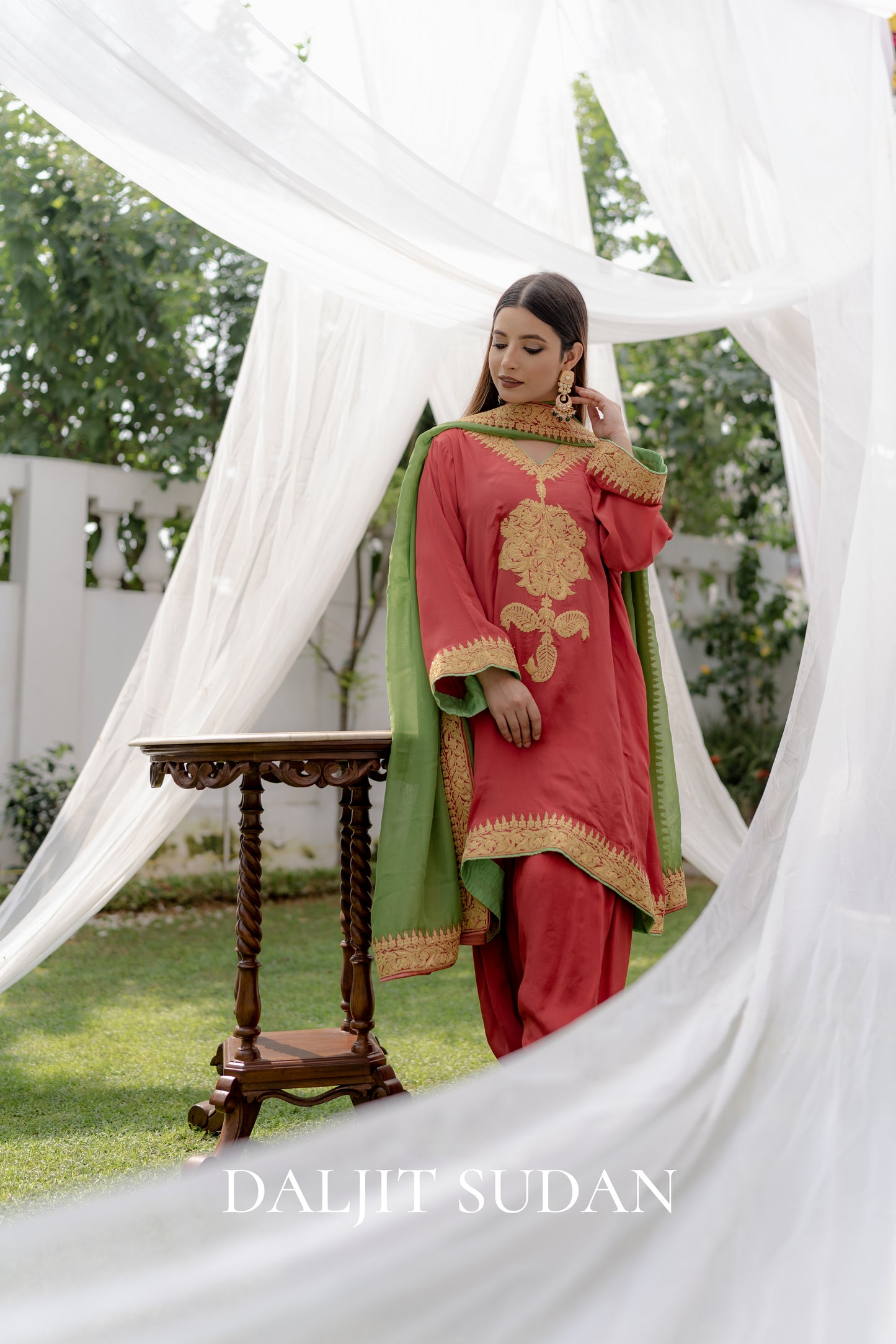 Coral Crepe Tilla Phiran Suit