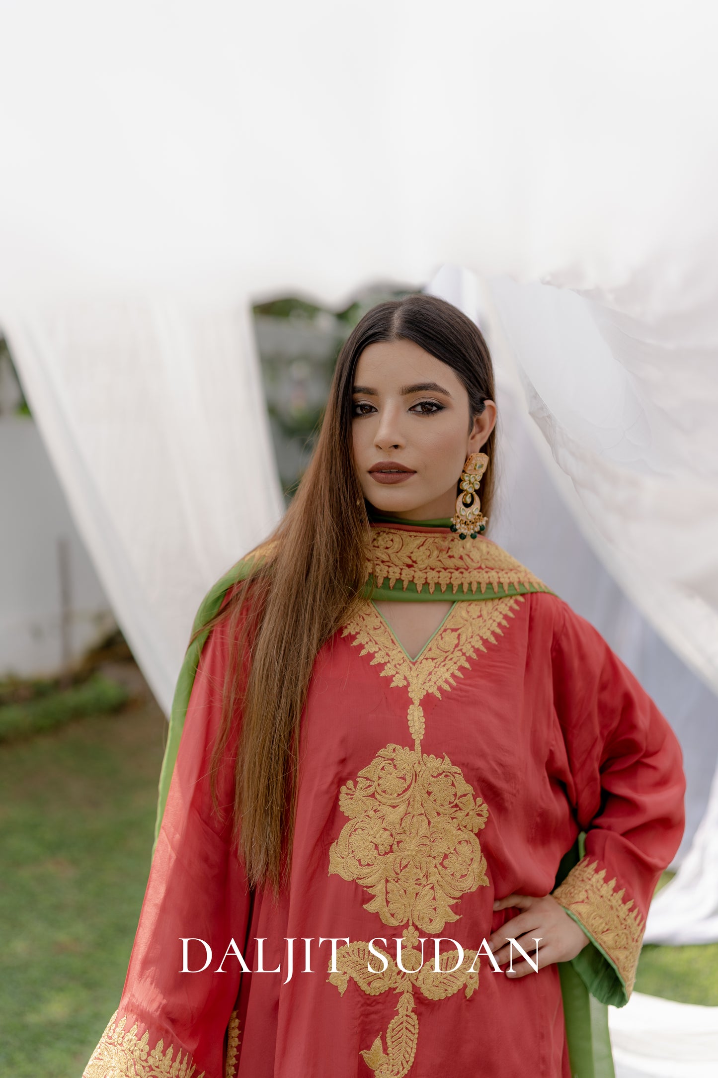 Coral Crepe Tilla Phiran Suit