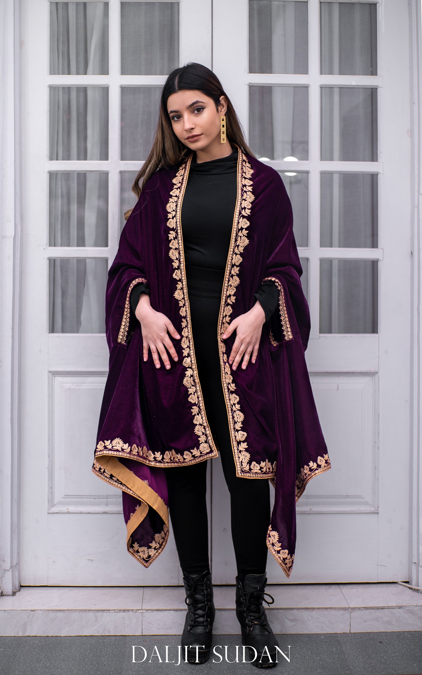 Wine Velvet Cape with Aari Embroidery