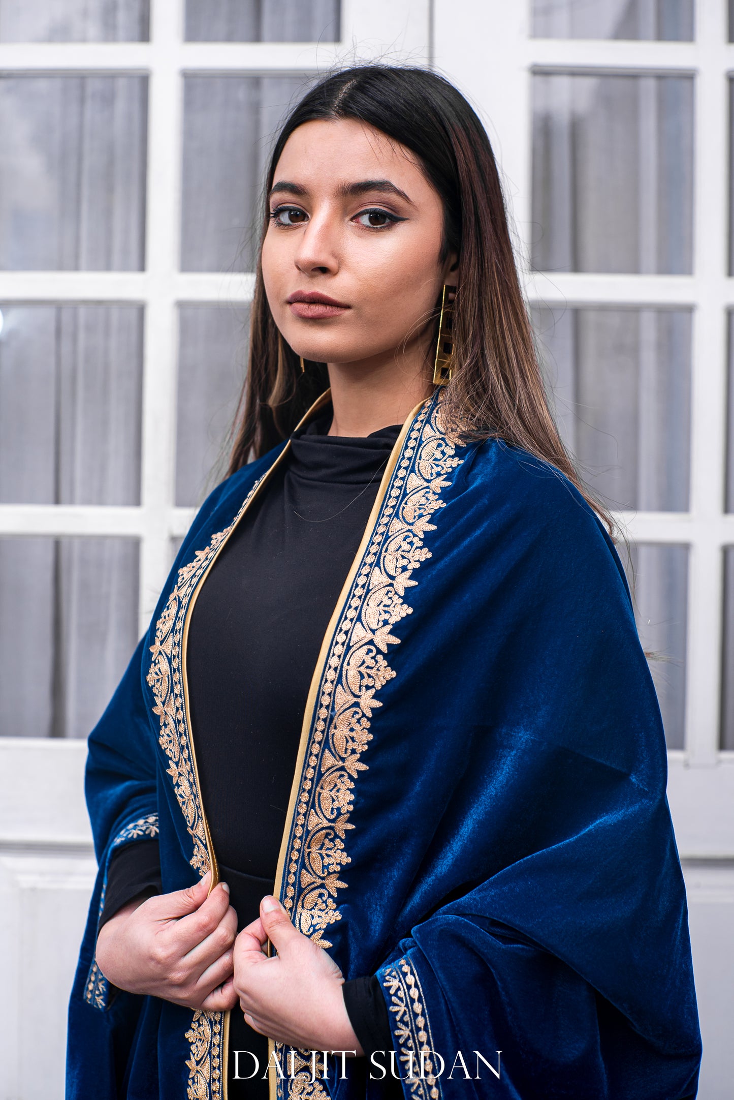 Royal Blue Velvet Cape with Aari Embroidery