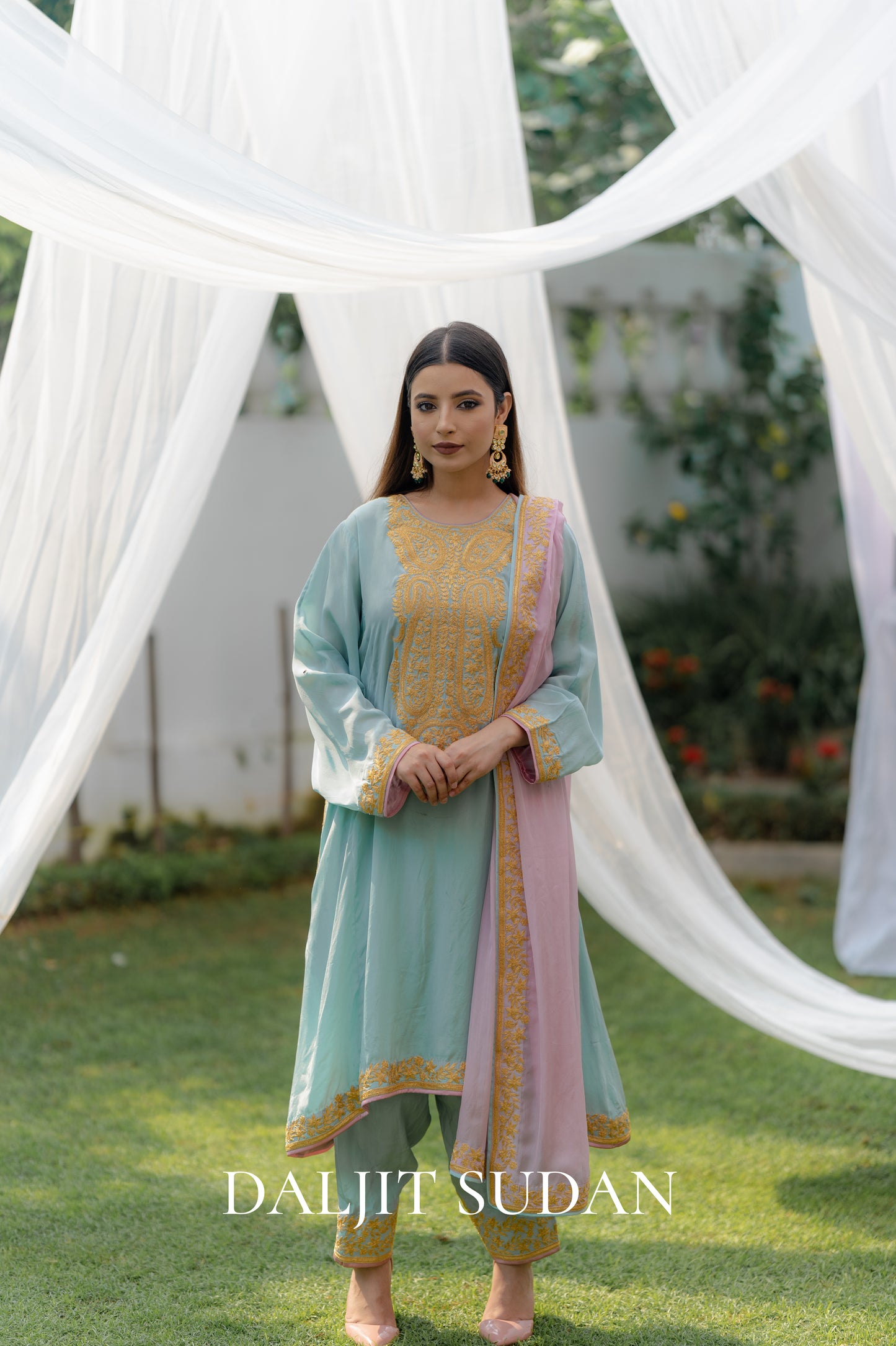 Pastel Blue Crepe Tilla Phiran Suit