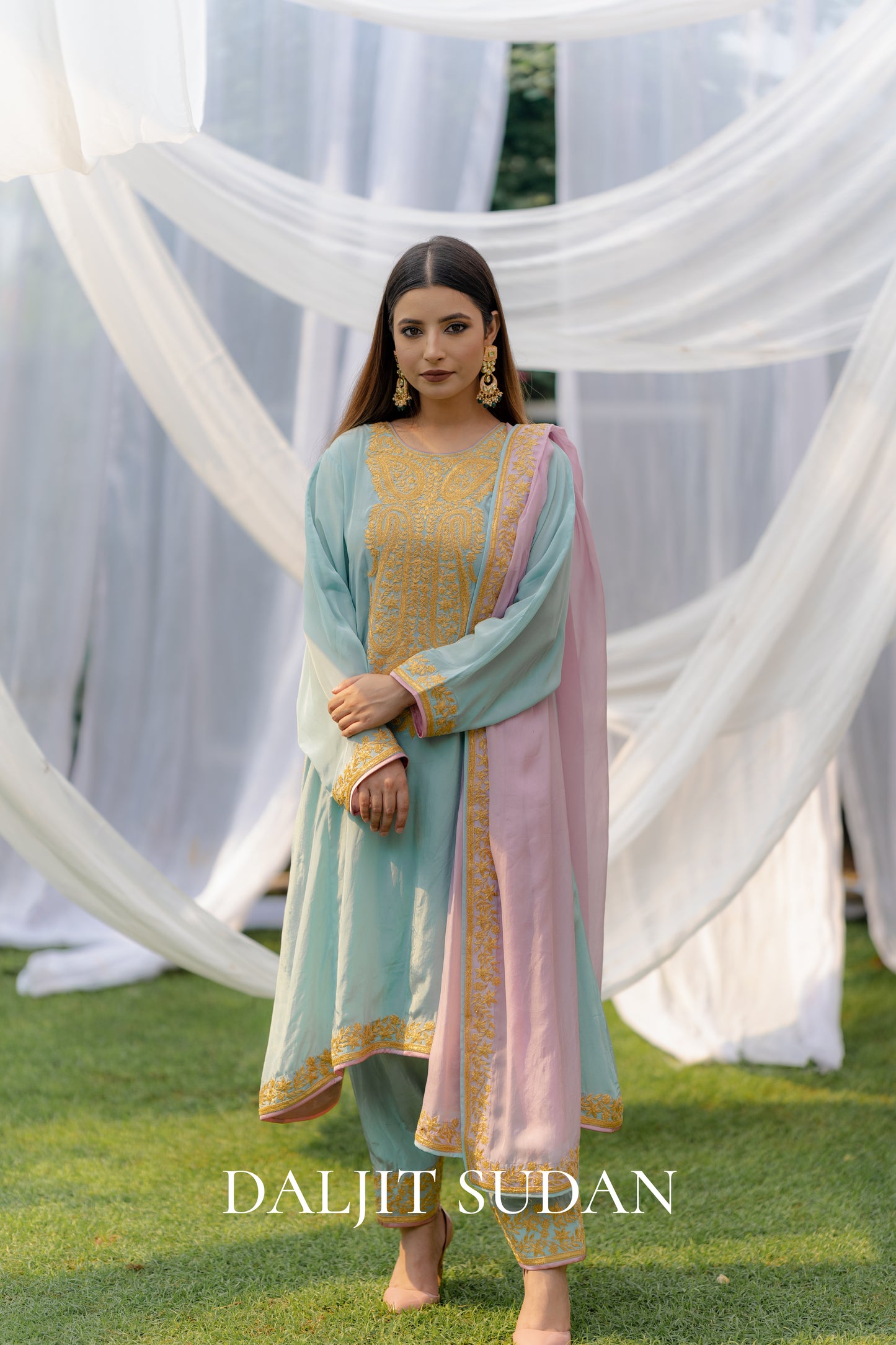 Pastel Blue Crepe Tilla Phiran Suit