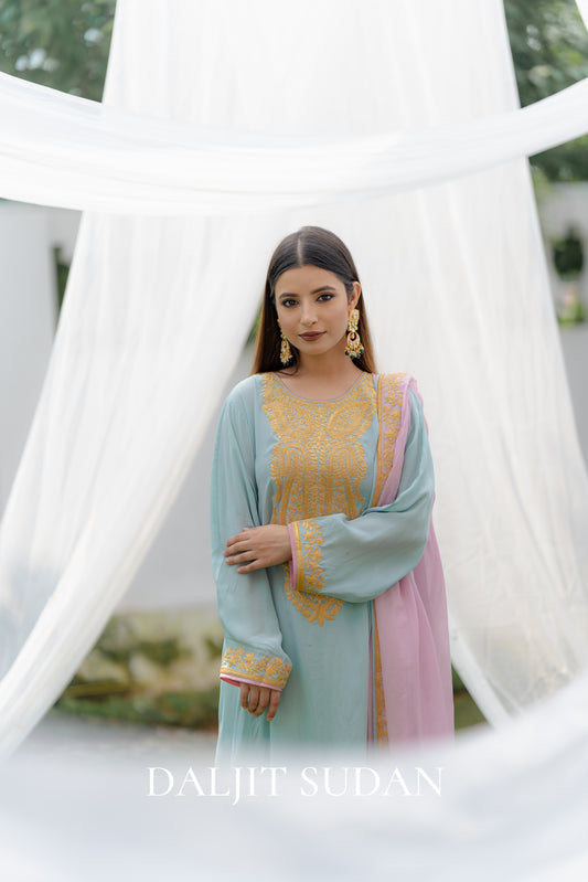 Pastel Blue Crepe Tilla Phiran Suit