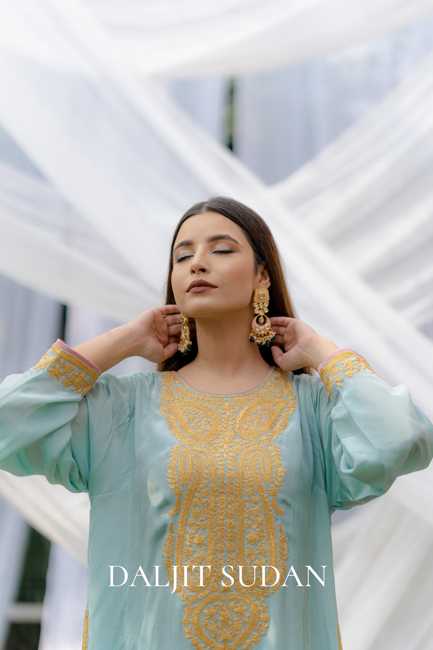 Pastel Blue Crepe Tilla Phiran Suit