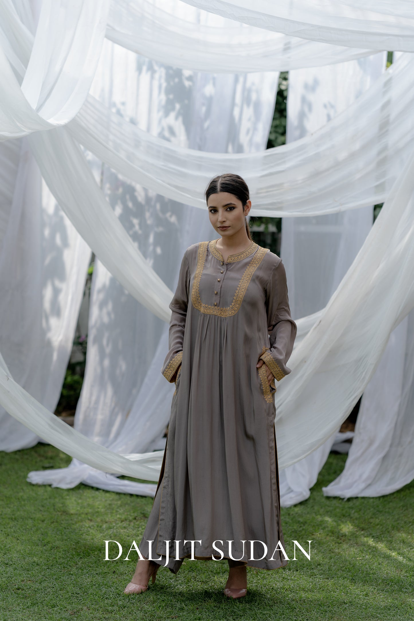 Grey Crepe Yolk Kurta Set