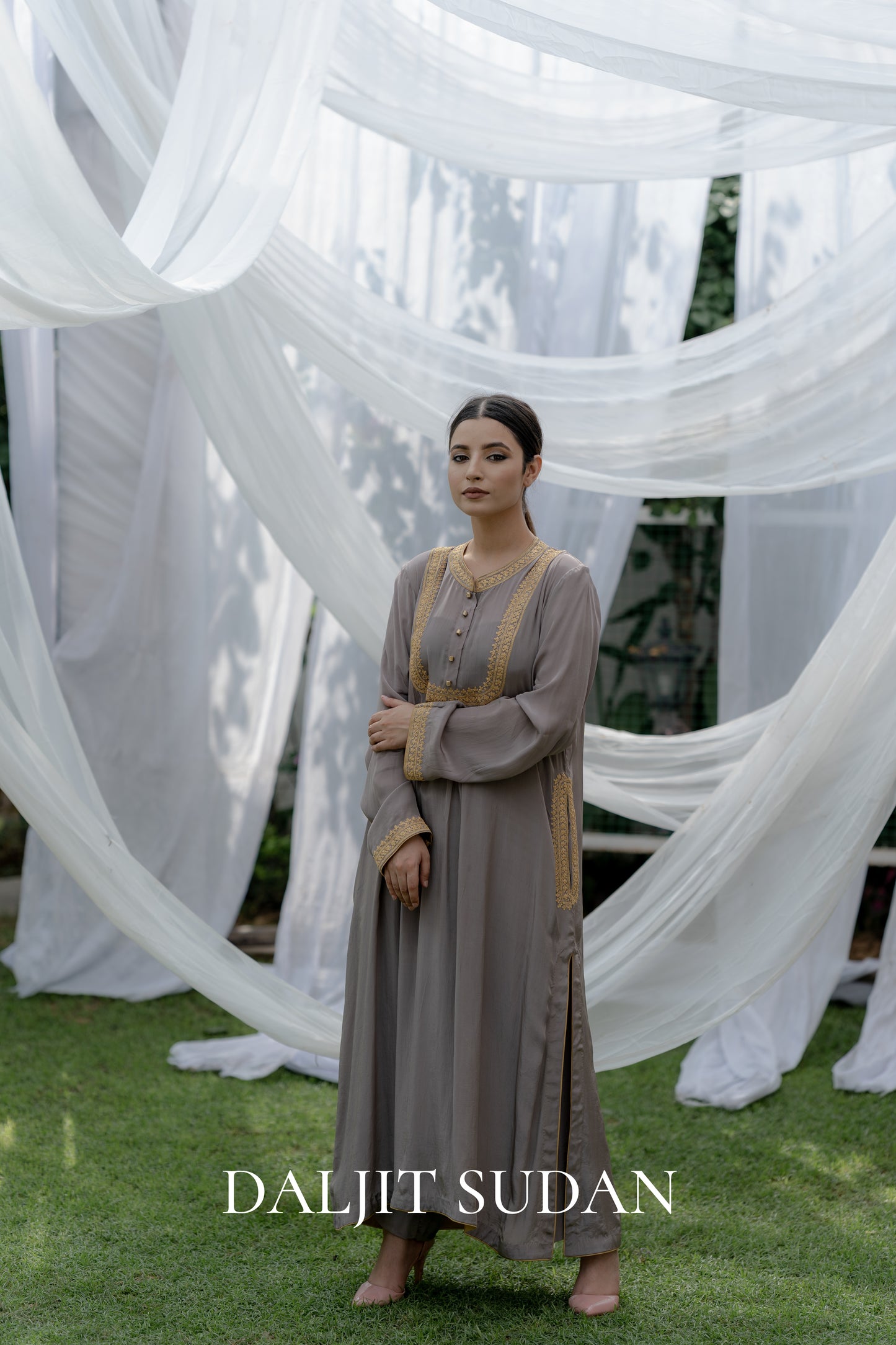 Grey Crepe Yolk Kurta Set