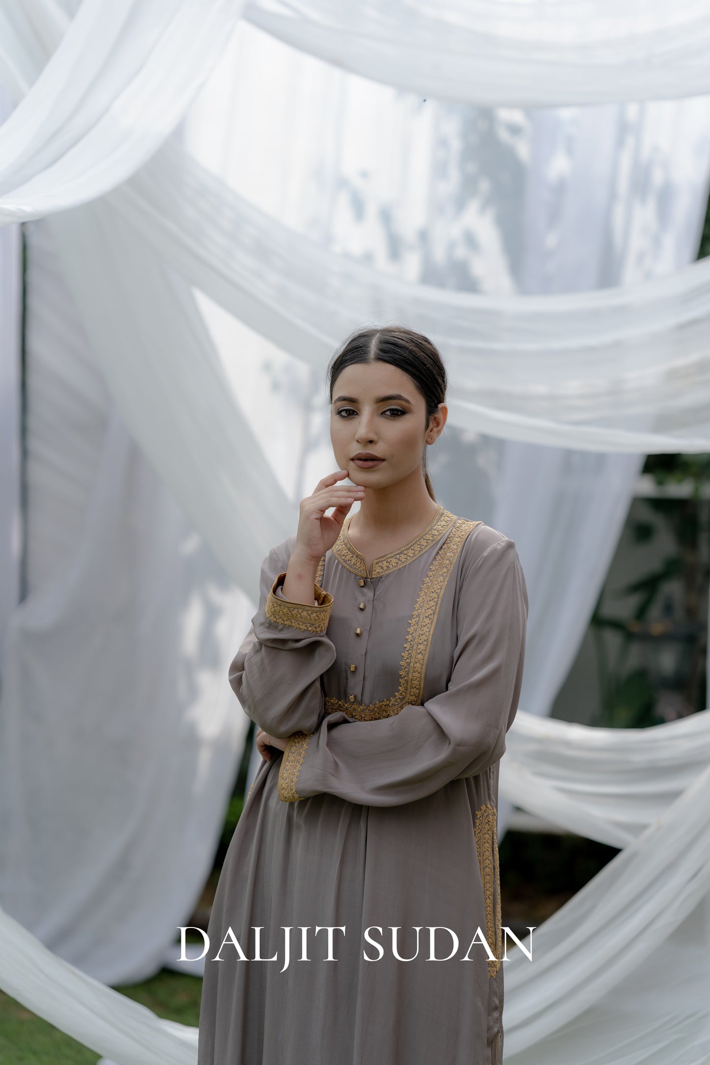 Grey Crepe Yolk Kurta Set