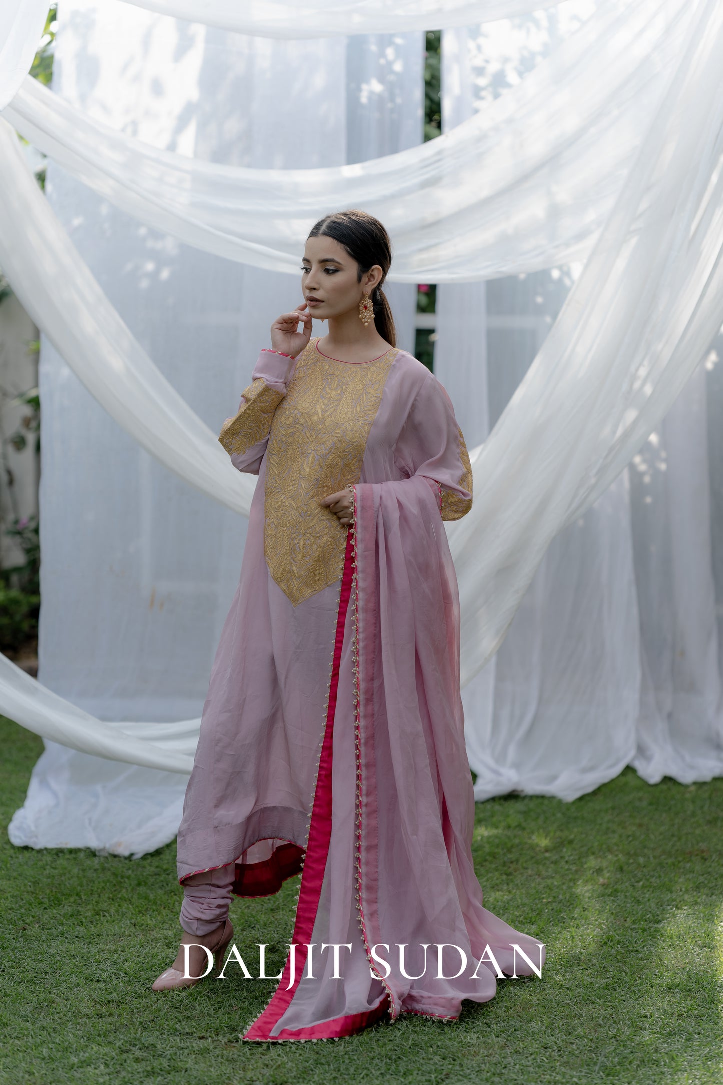 Pink Crepe Long Yolk Tilla Suit