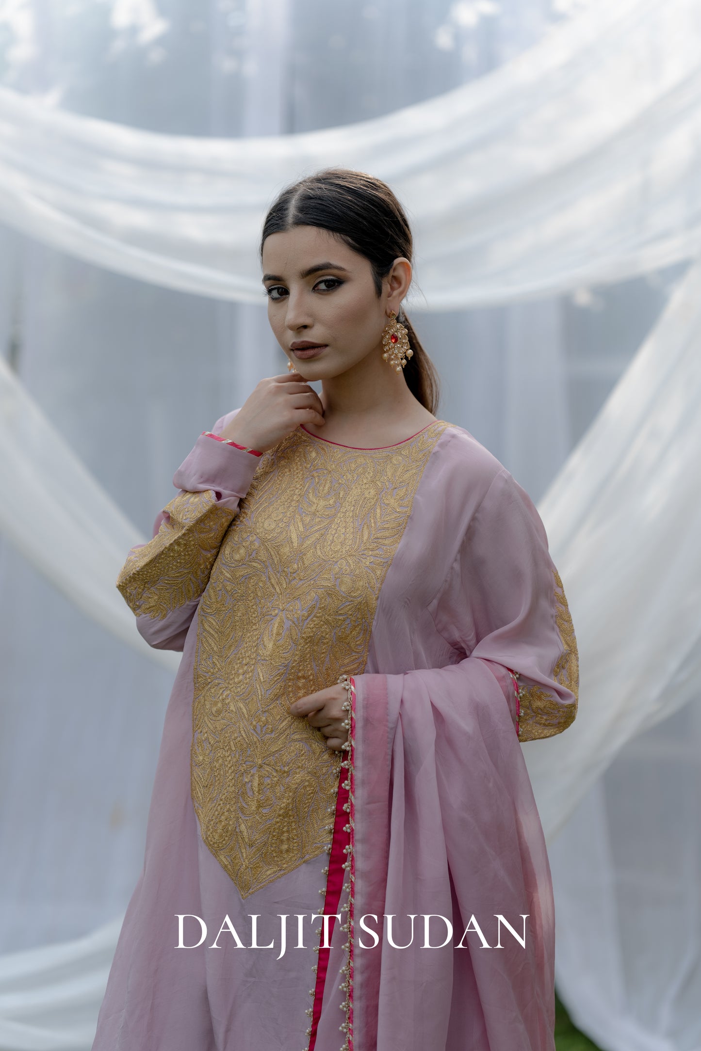 Pink Crepe Long Yolk Tilla Suit