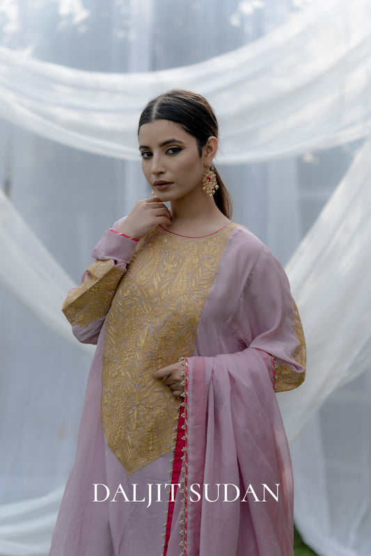 Pink Crepe Long Yolk Tilla Suit