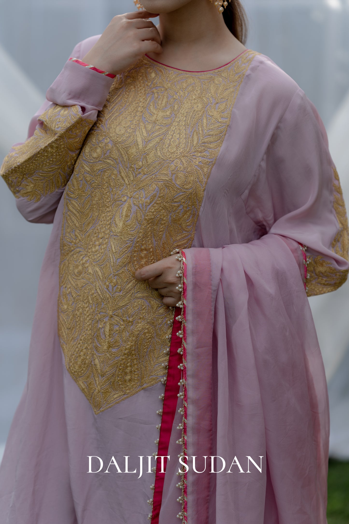 Pink Crepe Long Yolk Tilla Suit