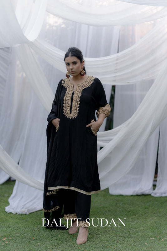 Black Crepe Embroidered Suit With Round Sleeves