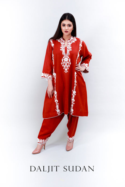 Rust Cotton Phiran and Salwar With White Aari Embroidery