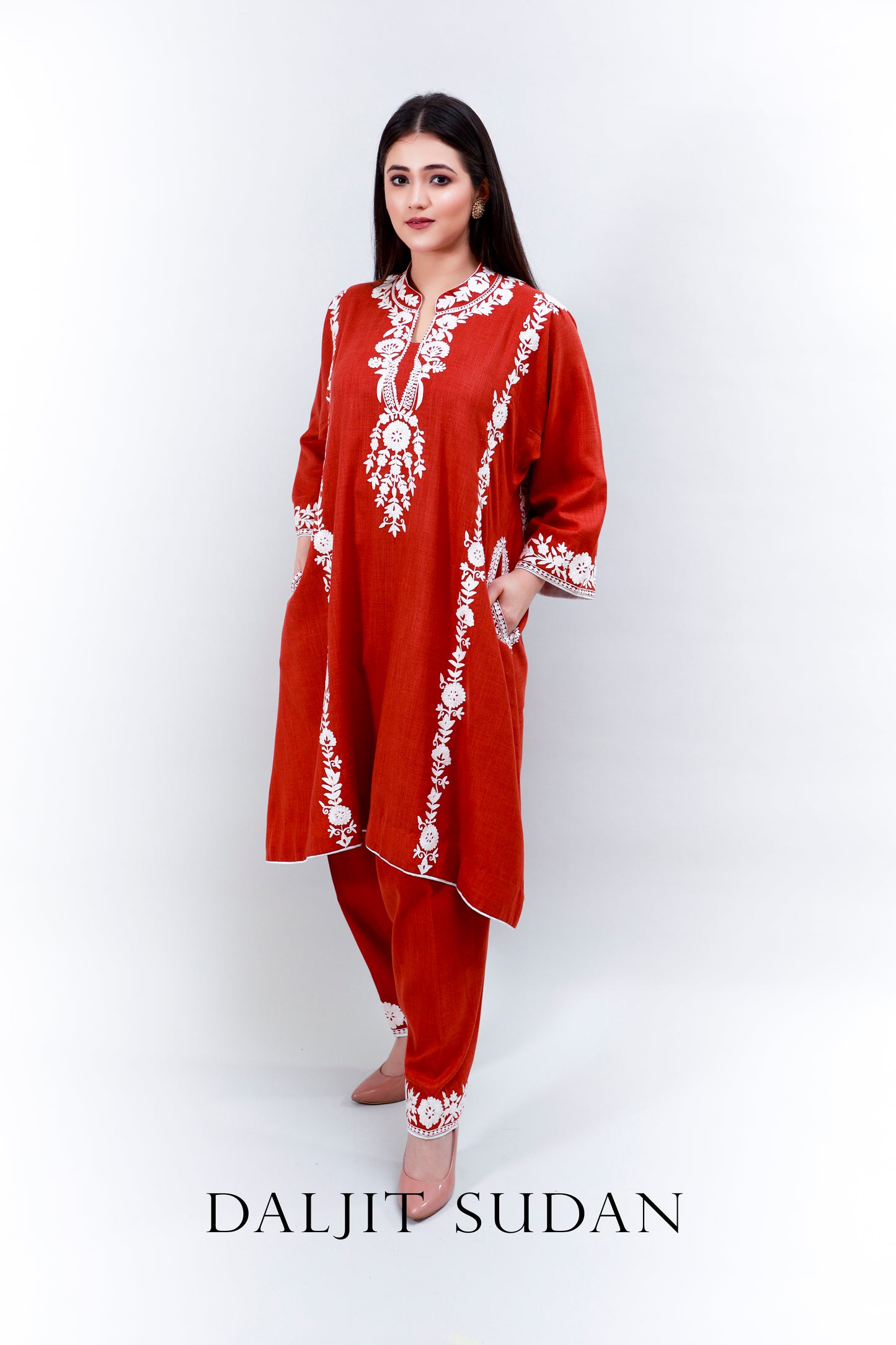 Rust Cotton Phiran and Salwar With White Aari Embroidery