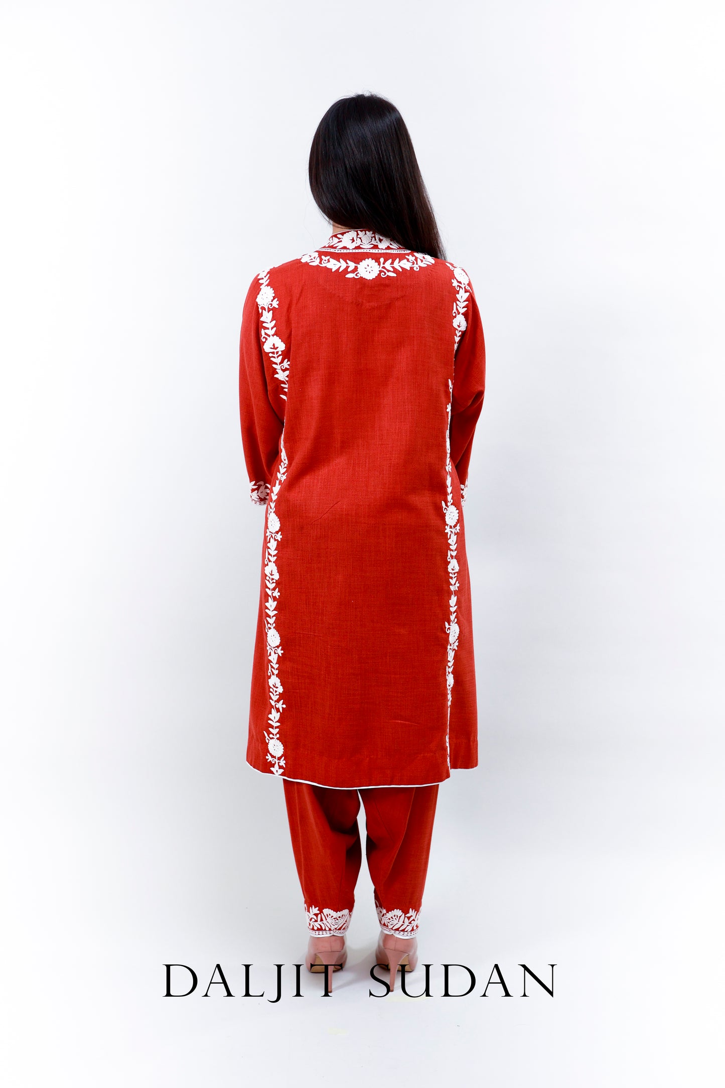 Rust Cotton Phiran and Salwar With White Aari Embroidery