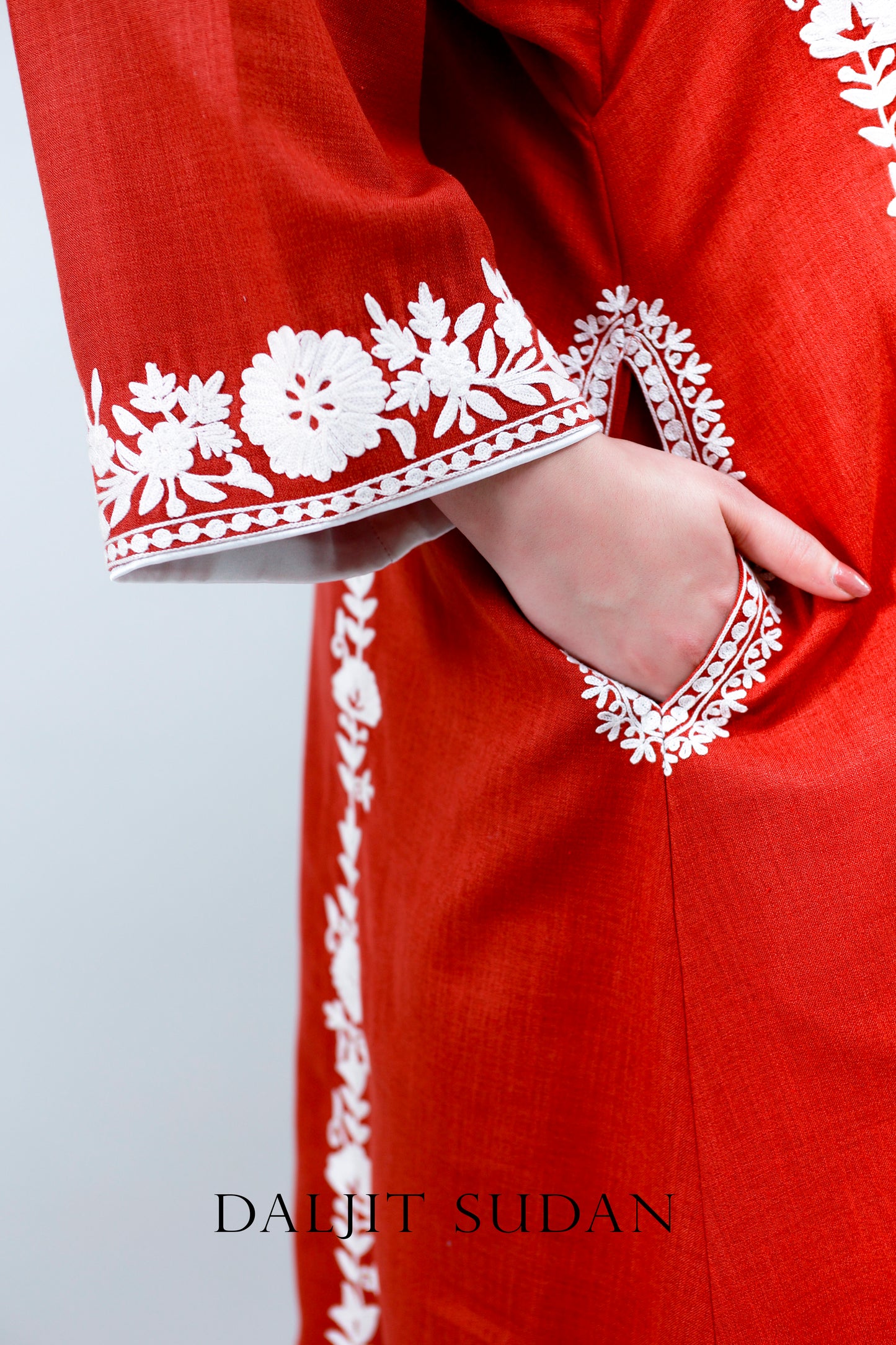 Rust Cotton Phiran and Salwar With White Aari Embroidery