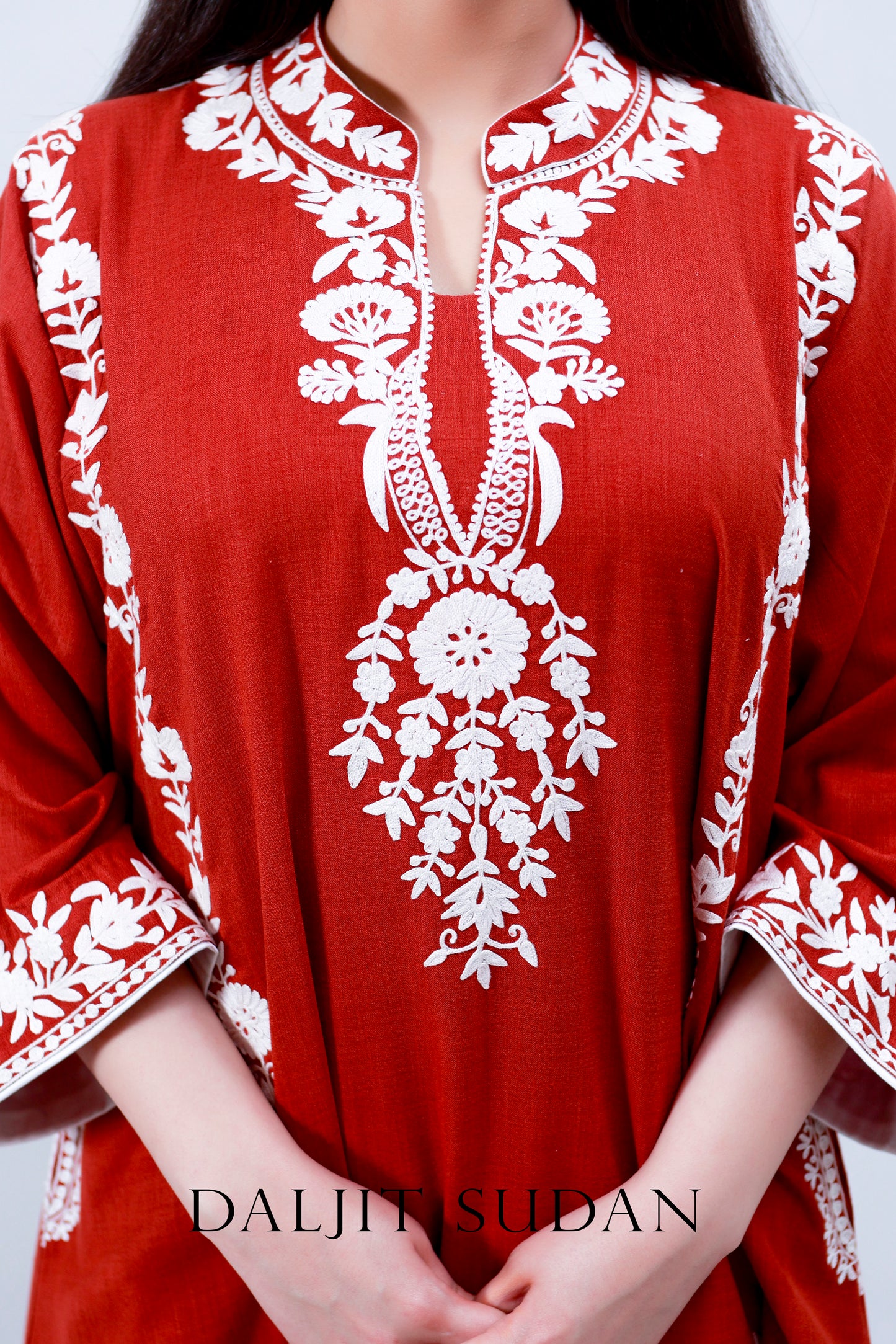 Rust Cotton Phiran and Salwar With White Aari Embroidery