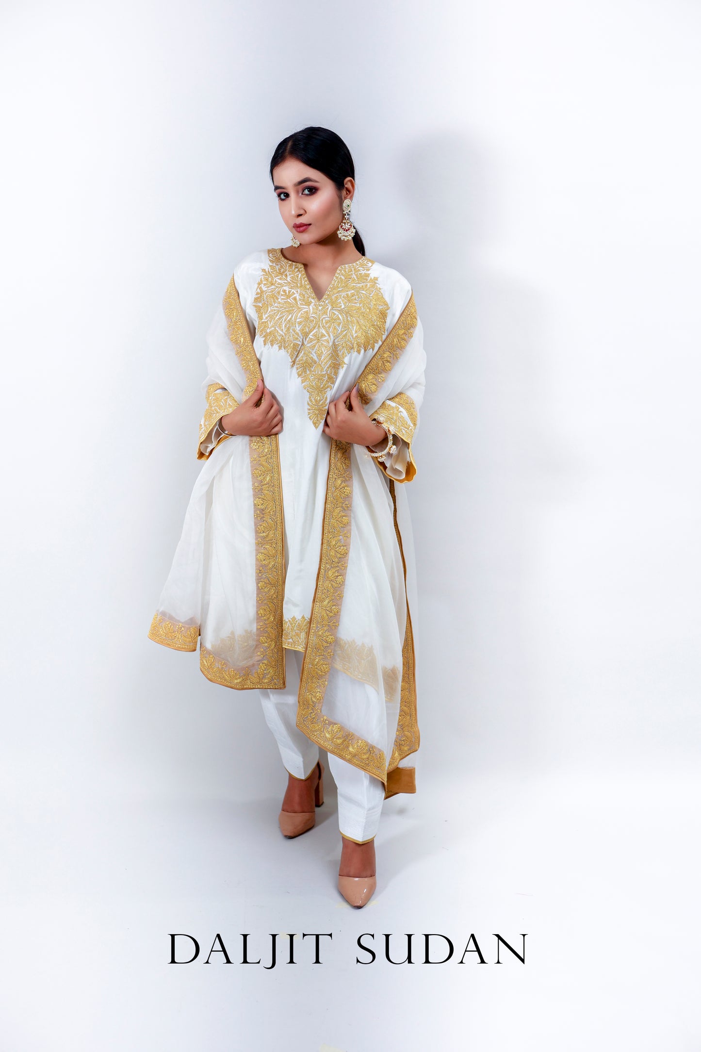 White Crepe Tilla Phiran Suit