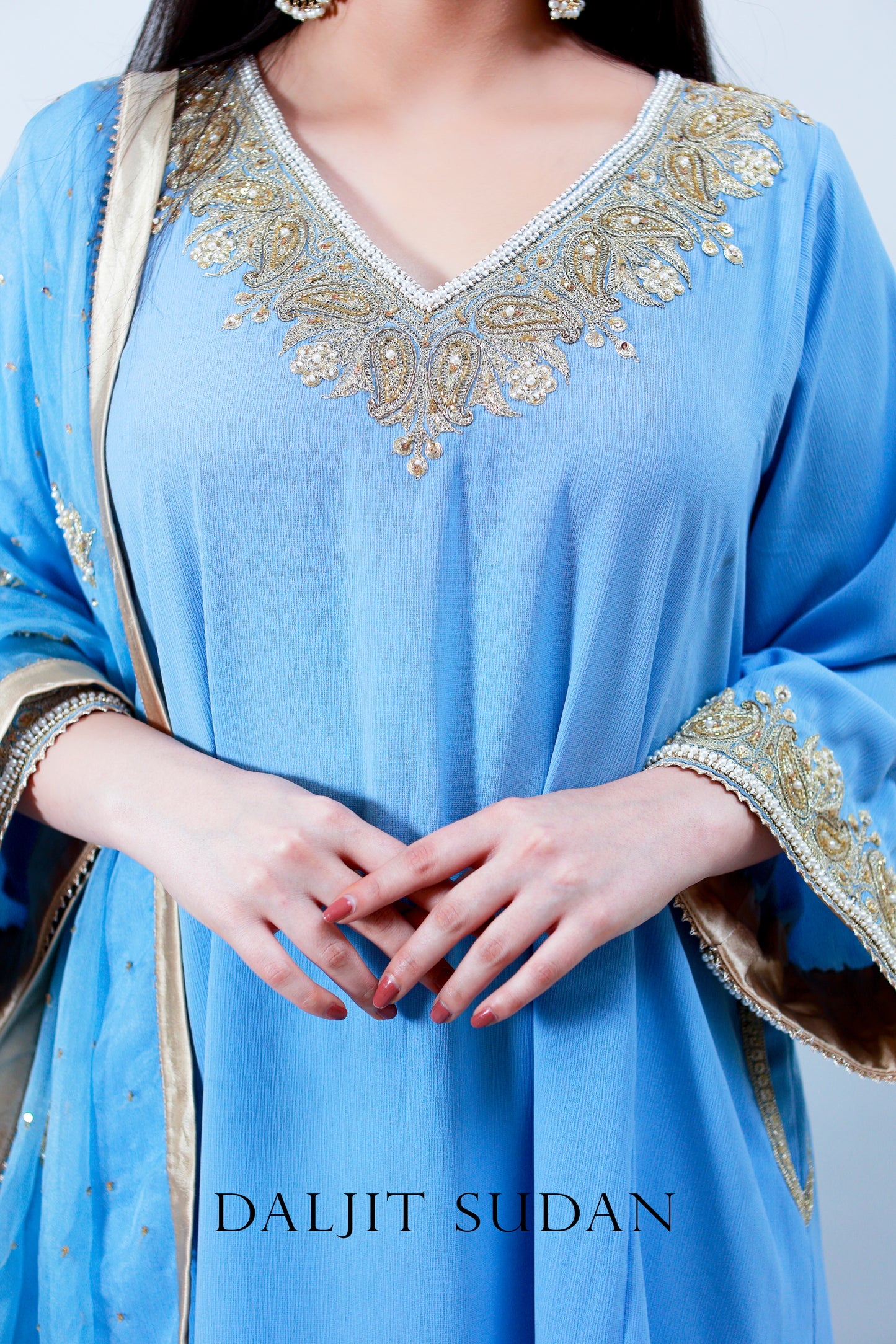 Carolina Blue Georgette Hand embroidered Tilla Suit