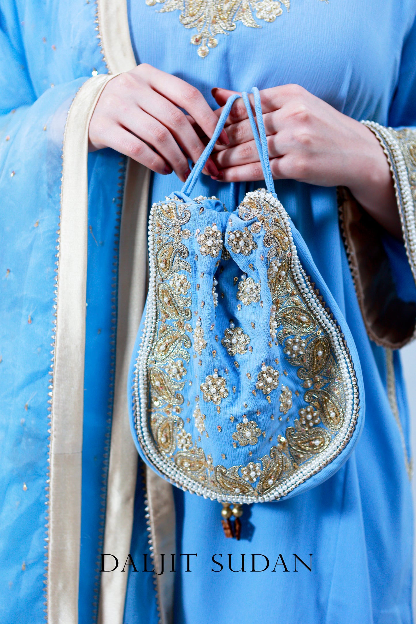 Carolina Blue Georgette Hand embroidered Tilla Suit