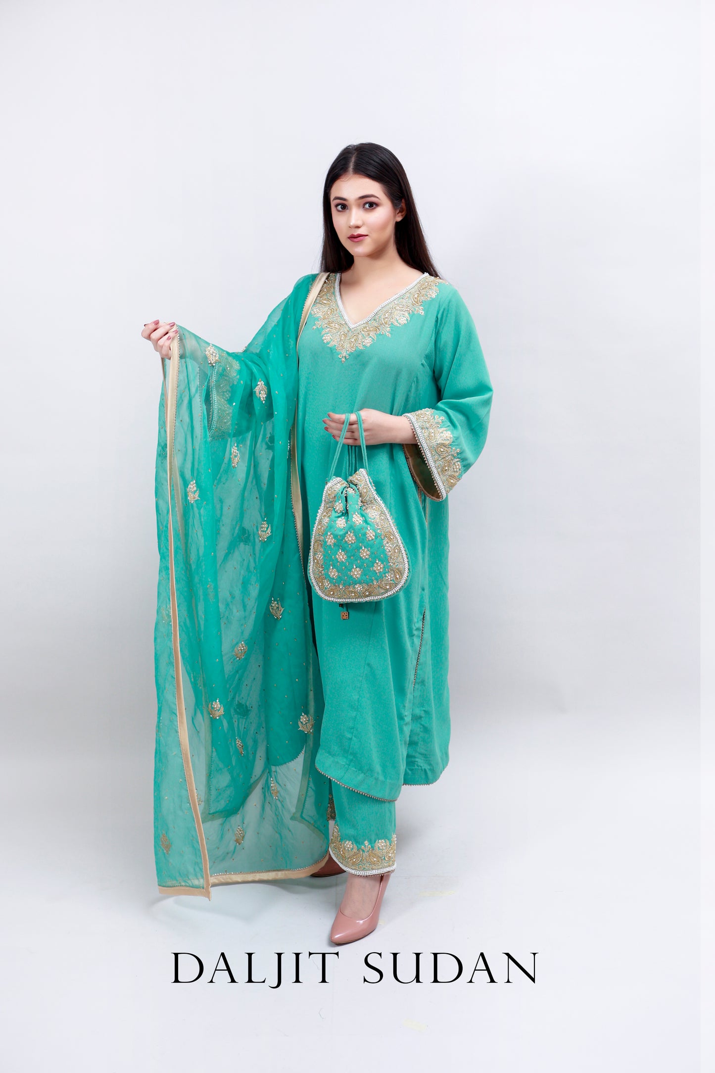 Aqua Green Georgette Handembroidered Tilla Suit