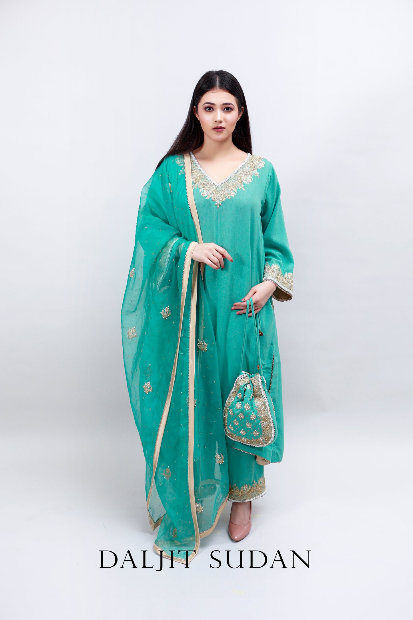 Aqua Green Georgette Handembroidered Tilla Suit