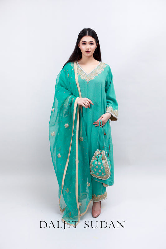 Aqua Green Georgette Handembroidered Tilla Suit