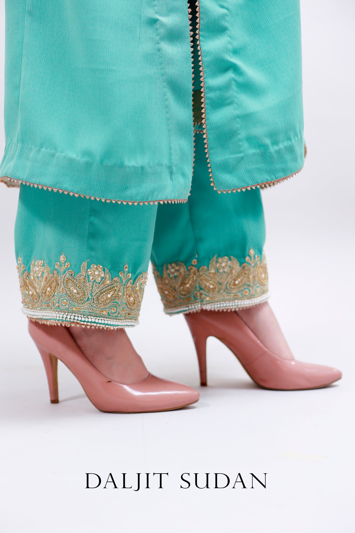 Aqua Green Georgette Handembroidered Tilla Suit