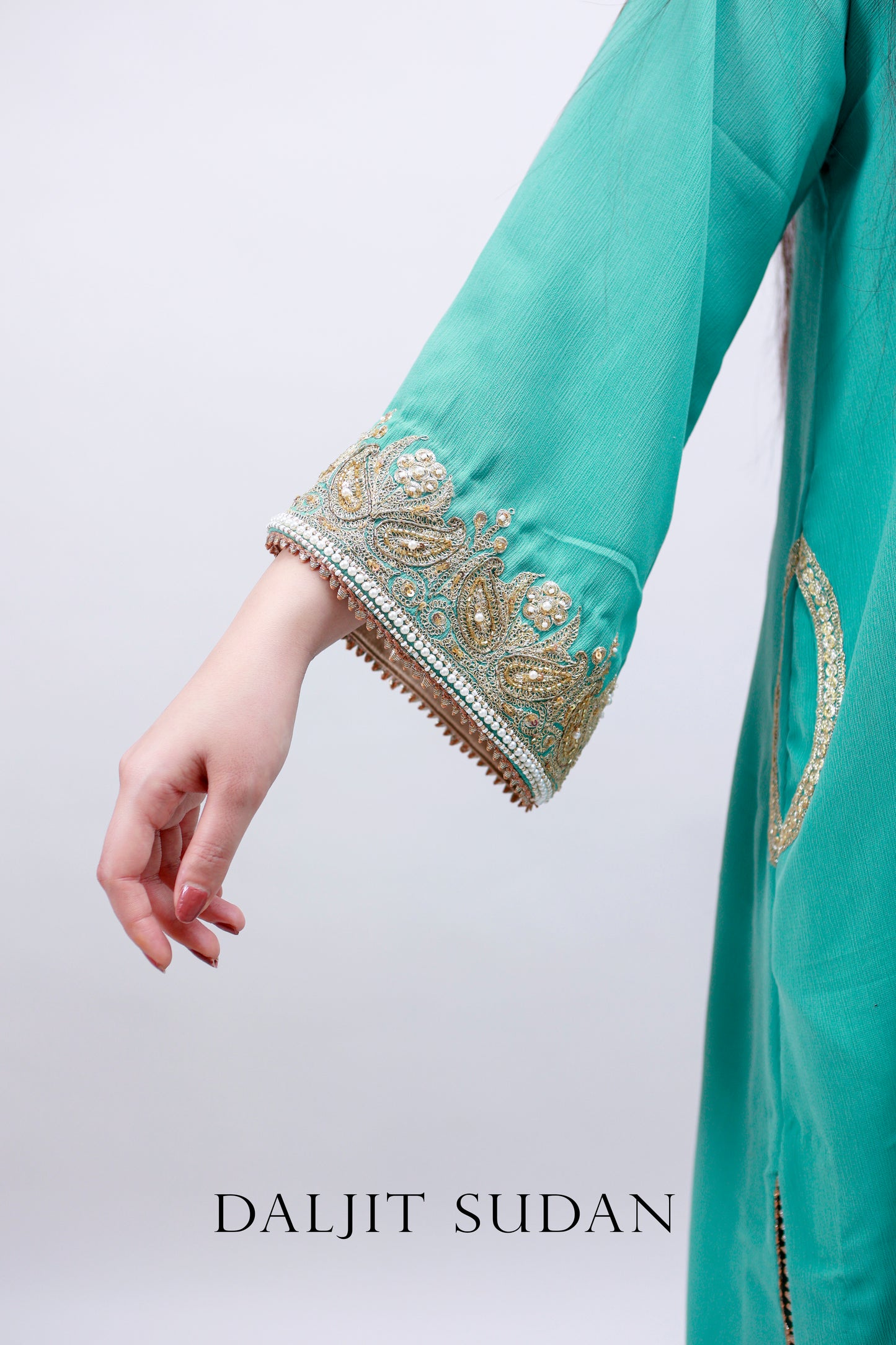 Aqua Green Georgette Handembroidered Tilla Suit