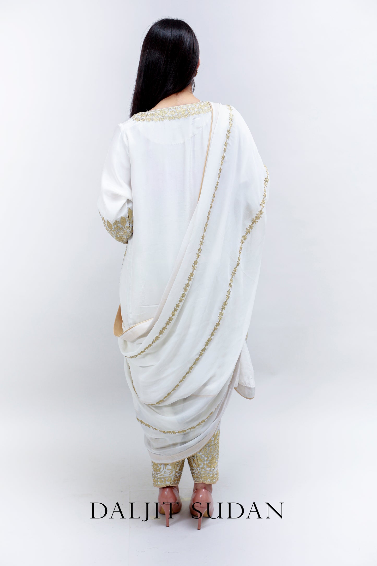 White Crepe Aari Tilla Phiran Suit
