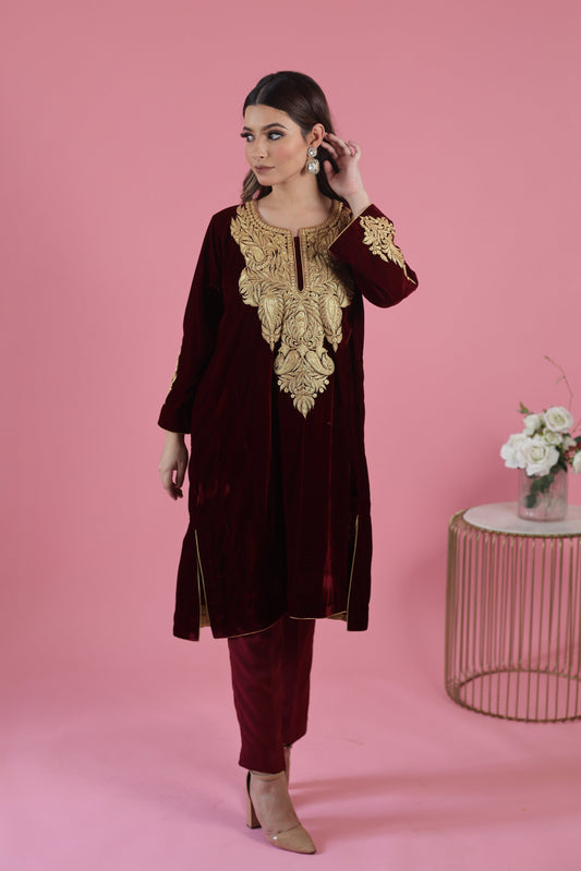 Maroon Velvet Phiran Set