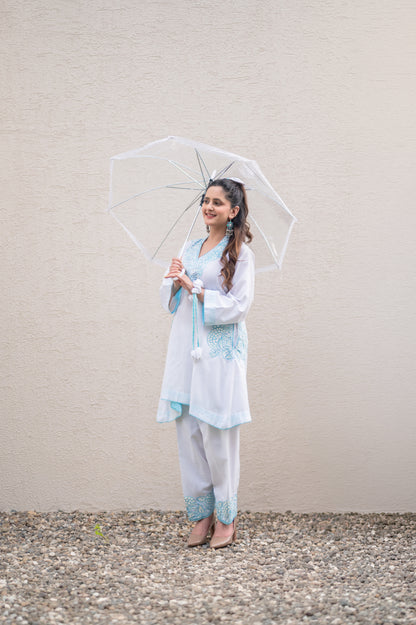 White Cotton Blue Co-ord Set